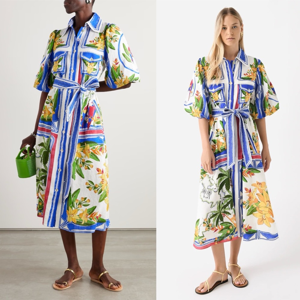 NWT Farm Rio Tropical Destination Linen Printed Shirt Midi Dress Anthropologie